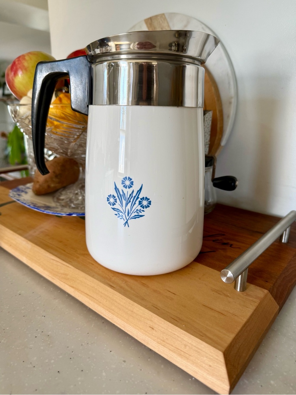 Corningware White Coffee Percolator with blue cornflower-6 cup